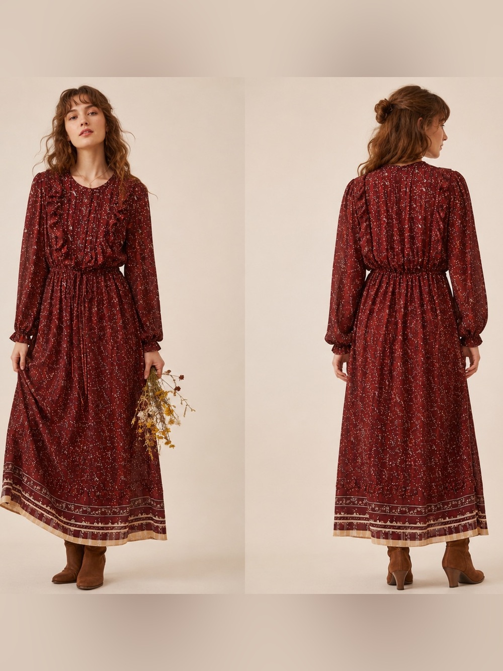 & Other Stories Burgundy Floral Maxi Cottagecore Romantic VTG Inspired Dress Z 8